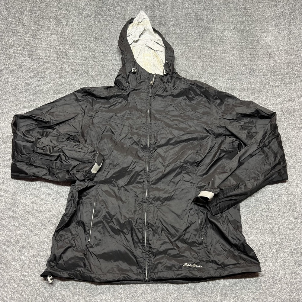 Eddie Bauer Jacket Womens XL Black Hooded Windbreaker Full Zip Pockets Outdoor